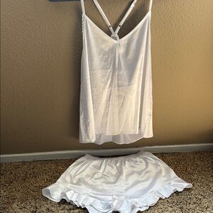White Pajama Set with Spaghetti Straps and Ruffled Hem